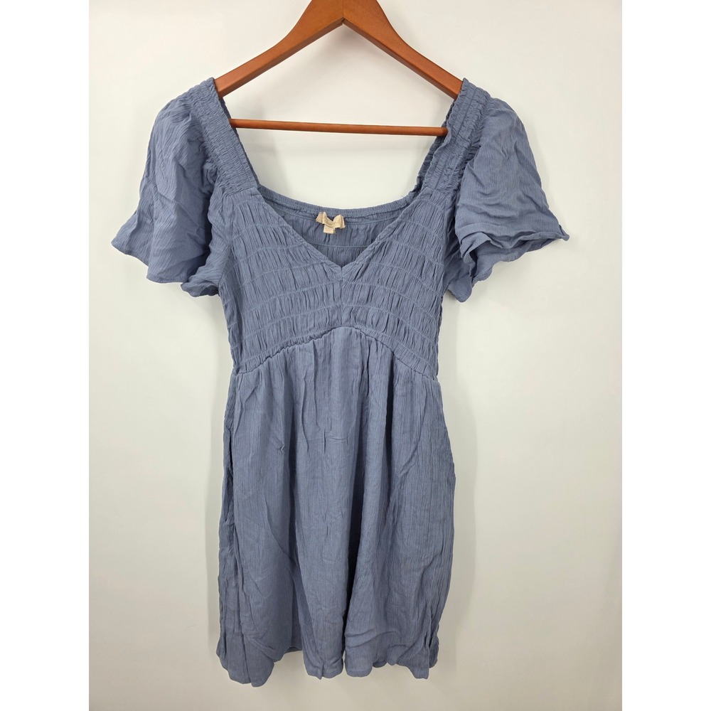 Indulge In Style Womens Blue Smocked V-Neck Mini Dress Pockets Gauze Medium